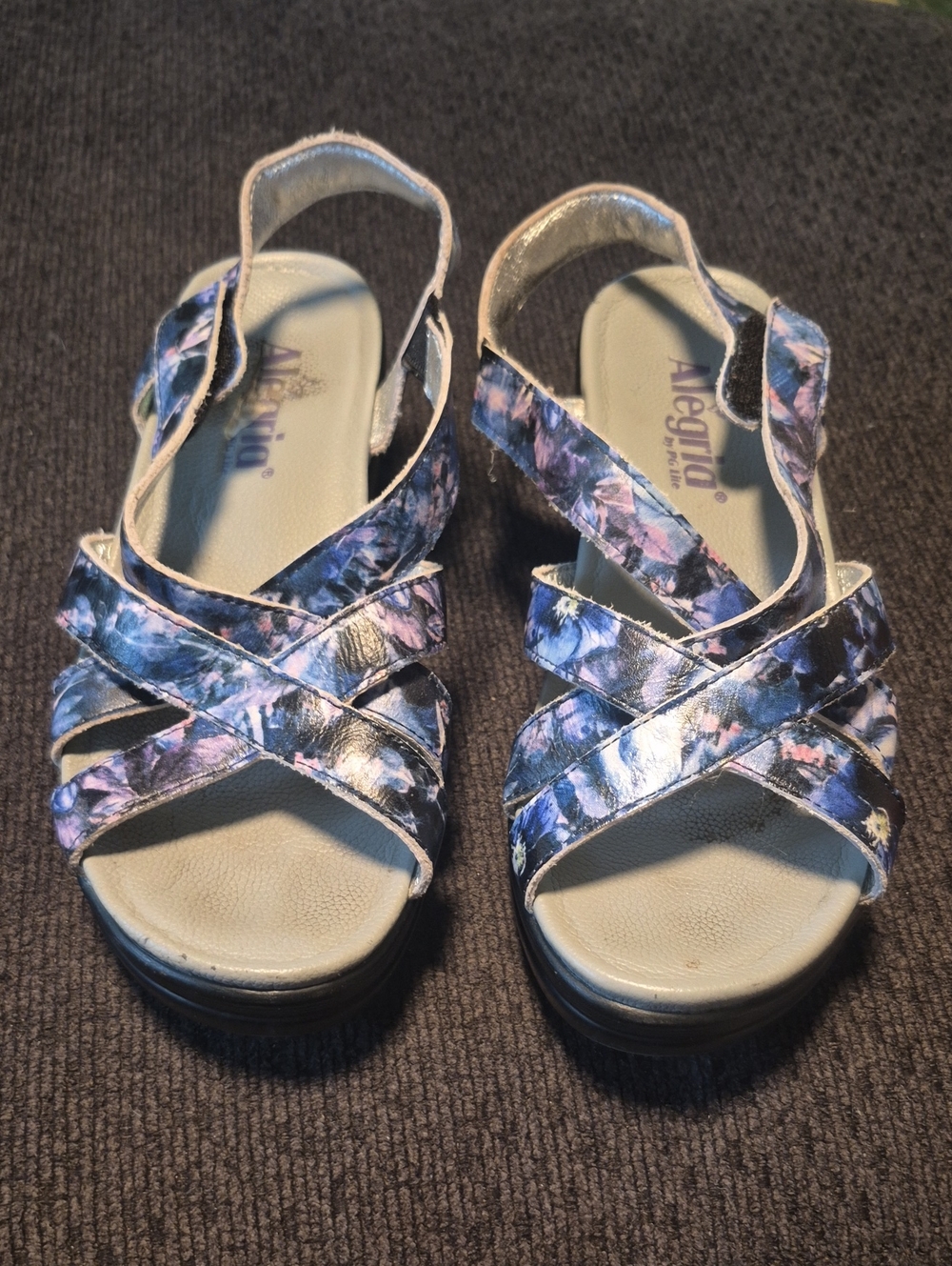 Alegria Girls' Blue and Purple Floral Cross-Strap Sandals